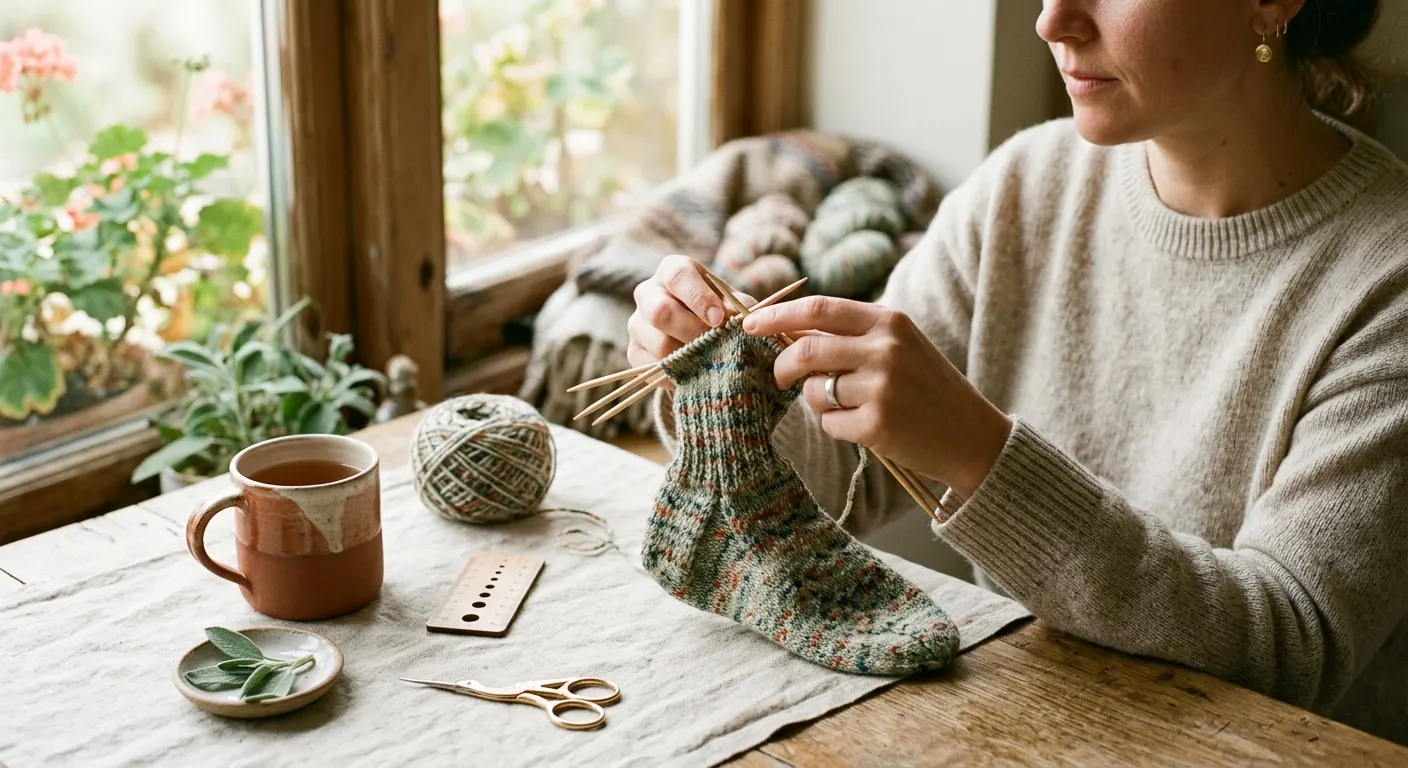 A sock tube in progress on four bamboo double-pointed needles, held in a crafter hands over a warm oat linen cloth, fingering-weight yarn, soft indoor light