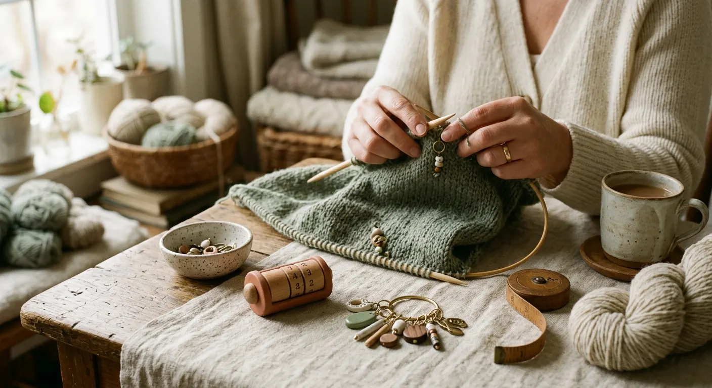 An assortment of ring stitch markers and locking stitch markers arranged on a wooden surface beside a circular needle and a ball of sage-green yarn, warm cottage-window light