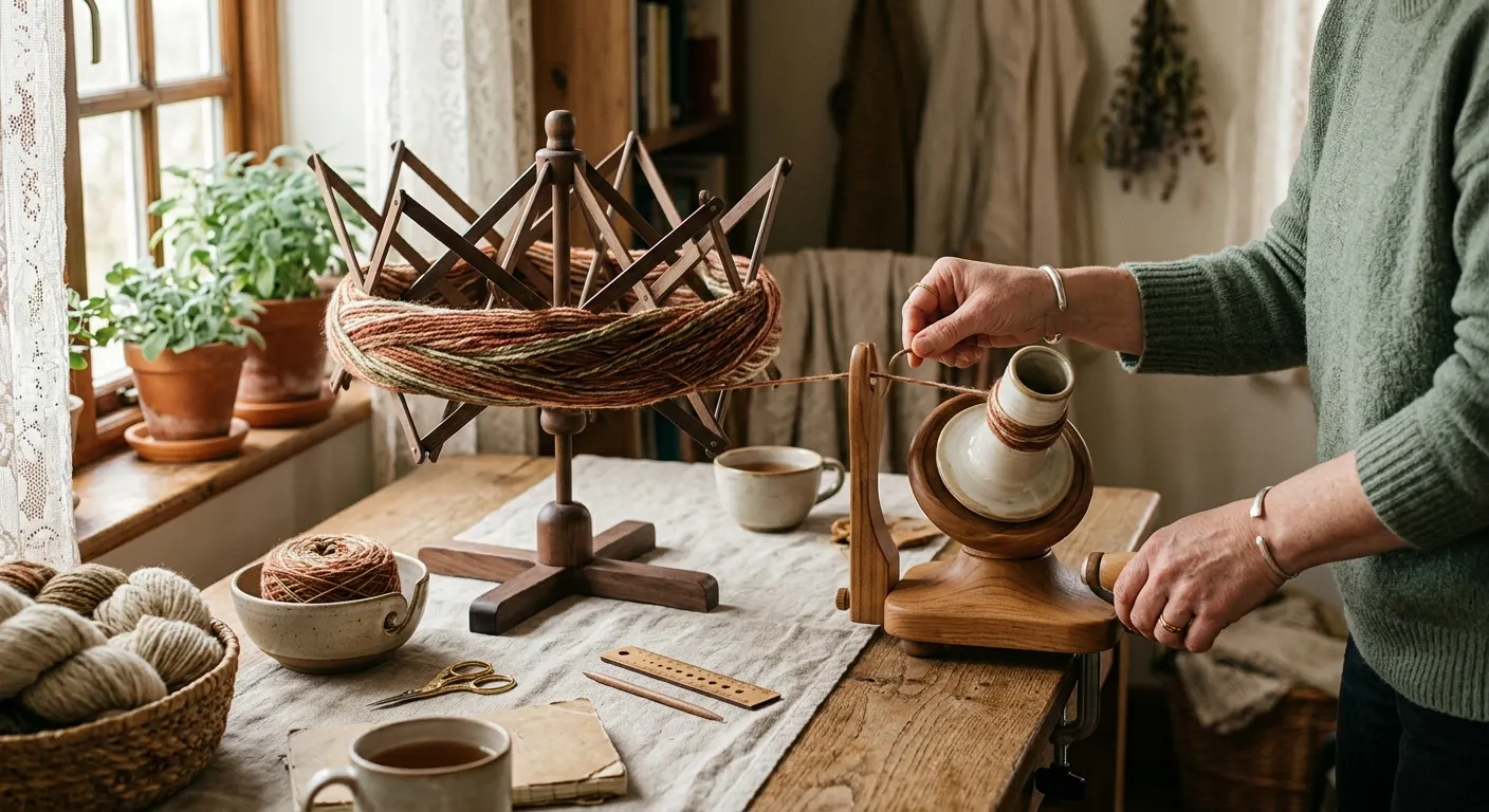 Wooden umbrella yarn swift clamped to a birchwood table holding a hand-dyed skein, a metal ball winder beside it mid-wind, warm workshop light